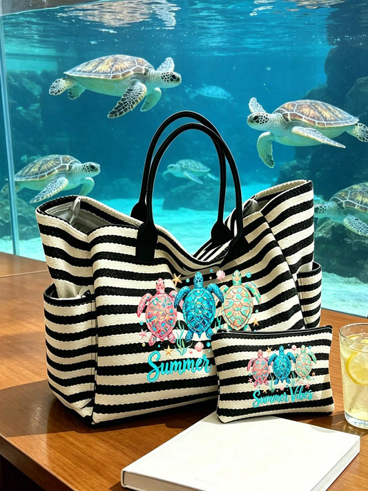 A Sublimation-Printed Tote Bag Featuring A Tropical Sea Turtle Design, This Large-Capacity Beach Tote Is Adorned With Images Of Tropical Turtles And Lettering