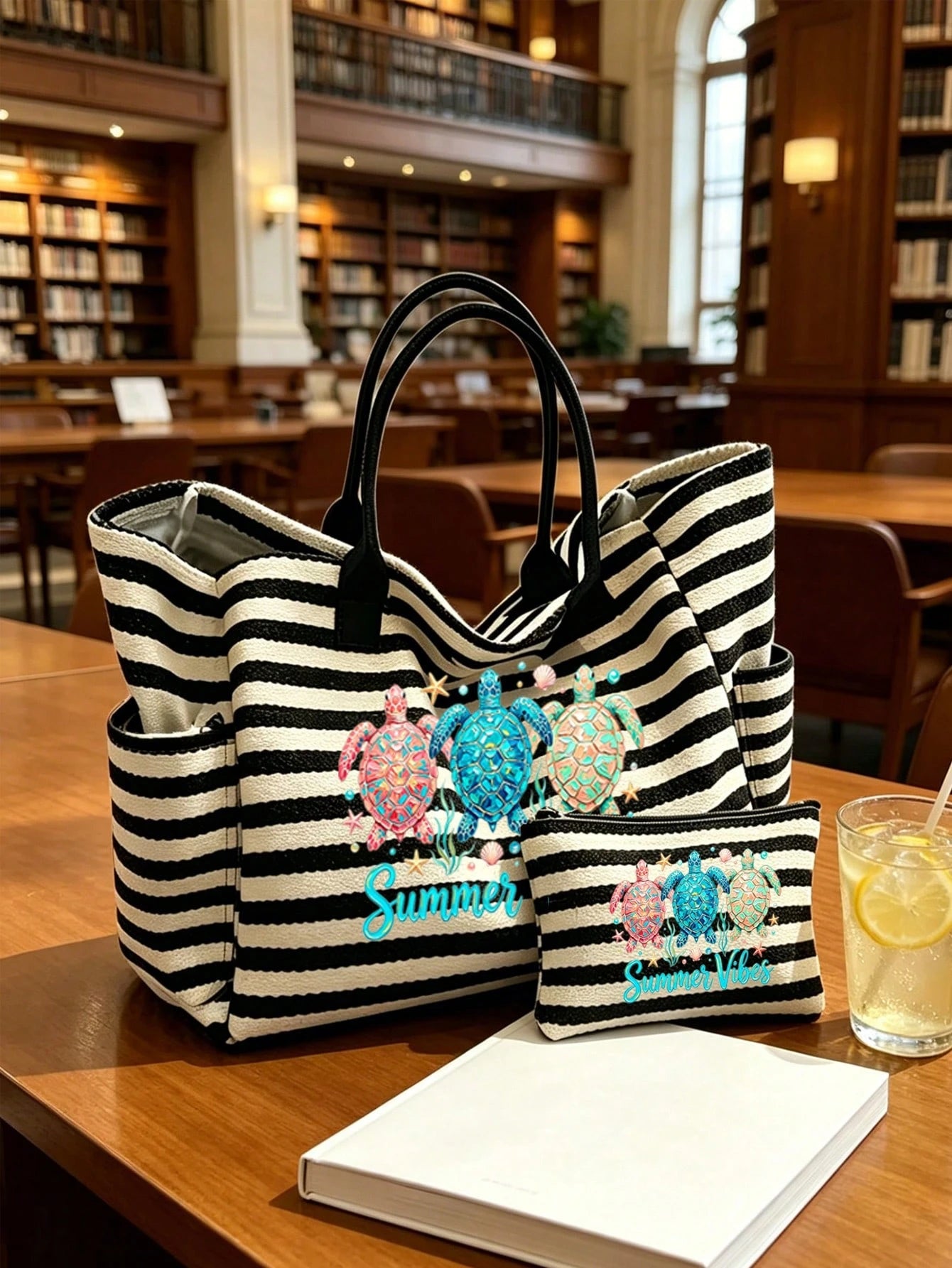 A Sublimation-Printed Tote Bag Featuring A Tropical Sea Turtle Design, This Large-Capacity Beach Tote Is Adorned With Images Of Tropical Turtles And Lettering
