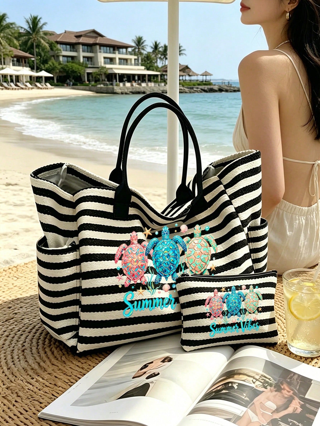 A Sublimation-Printed Tote Bag Featuring A Tropical Sea Turtle Design, This Large-Capacity Beach Tote Is Adorned With Images Of Tropical Turtles And Lettering