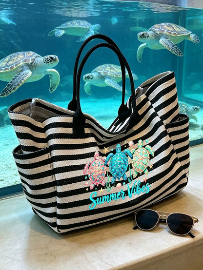 A Sublimation-Printed Tote Bag Featuring A Tropical Sea Turtle Design, This Large-Capacity Beach Tote Is Adorned With Images Of Tropical Turtles And Lettering