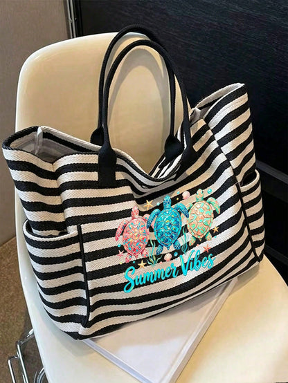 A Sublimation-Printed Tote Bag Featuring A Tropical Sea Turtle Design, This Large-Capacity Beach Tote Is Adorned With Images Of Tropical Turtles And Lettering
