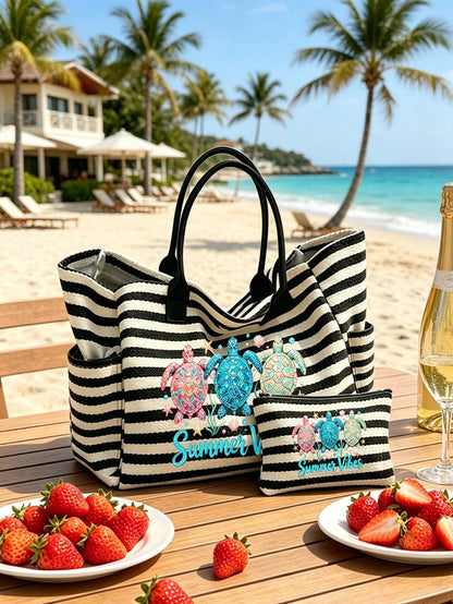 A Sublimation-Printed Tote Bag Featuring A Tropical Sea Turtle Design, This Large-Capacity Beach Tote Is Adorned With Images Of Tropical Turtles And Lettering