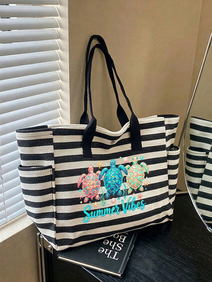 A Sublimation-Printed Tote Bag Featuring A Tropical Sea Turtle Design, This Large-Capacity Beach Tote Is Adorned With Images Of Tropical Turtles And Lettering