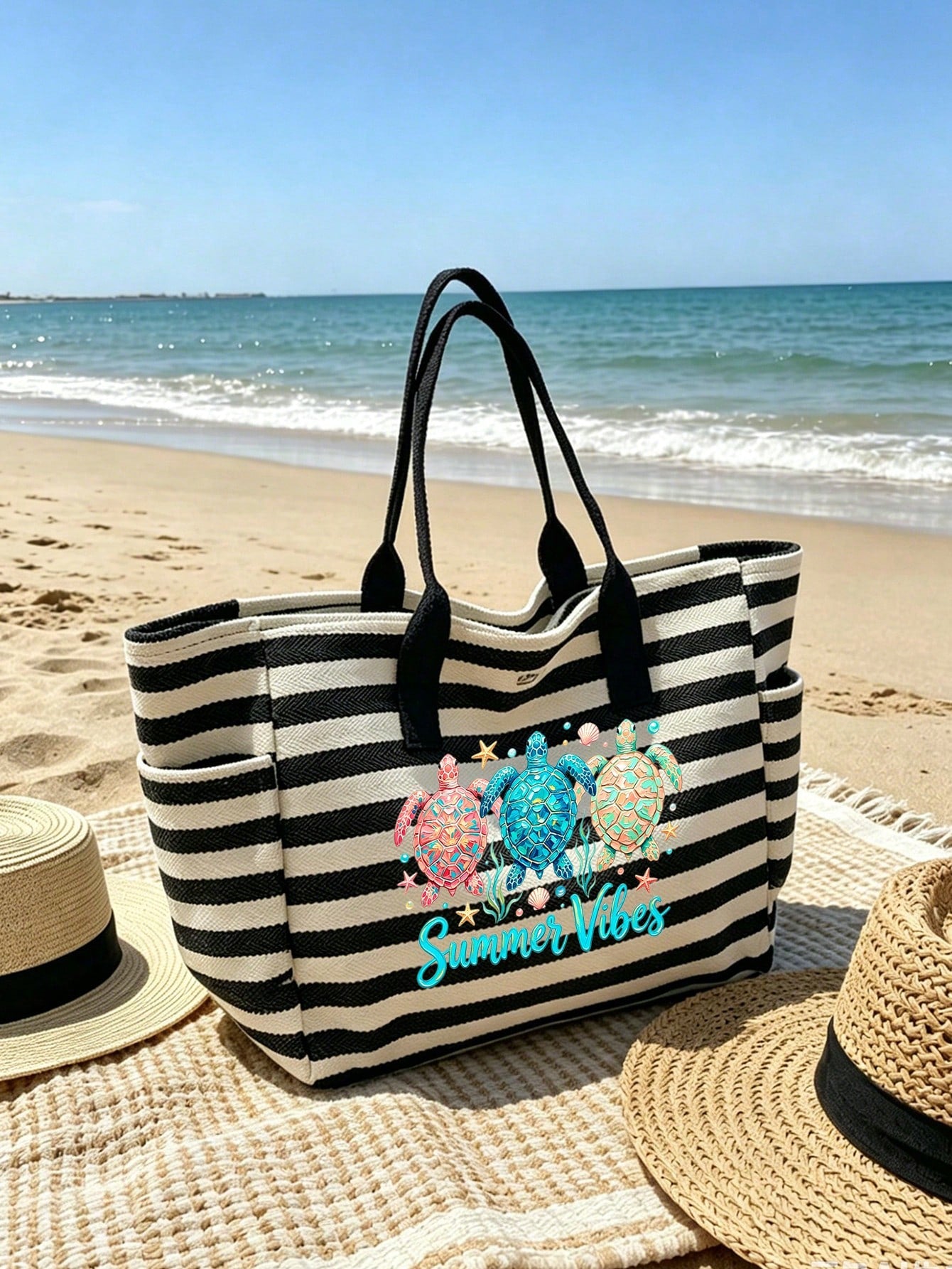 A Sublimation-Printed Tote Bag Featuring A Tropical Sea Turtle Design, This Large-Capacity Beach Tote Is Adorned With Images Of Tropical Turtles And Lettering