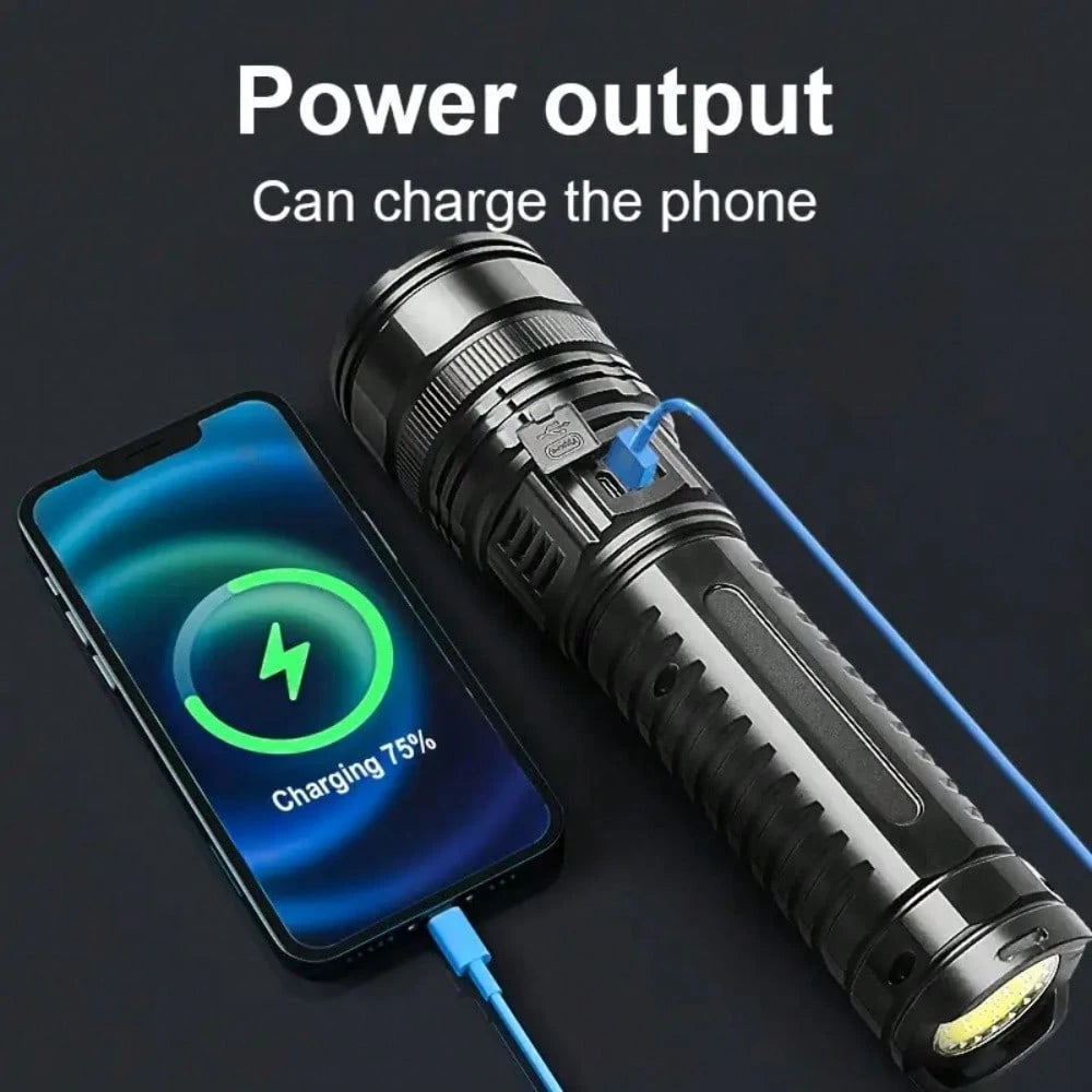 A Super- Bright LED Flashlight. This Is A Rechargeable P70 Handheld Flashlight With A 4500mah Battery, Featuring Adjustable Focus, Long- Lasting Battery Life, Fast- Charging Function, An Aluminum