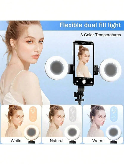 Adjustable Dual Color Temperature Fill Light Selfie Stick Tripod With Dual Fill Lights, Adjustable Dimming Knob, For Makeup, Live Streaming, YT Videos, TK, Photography, Compatible With Cameras & Smart