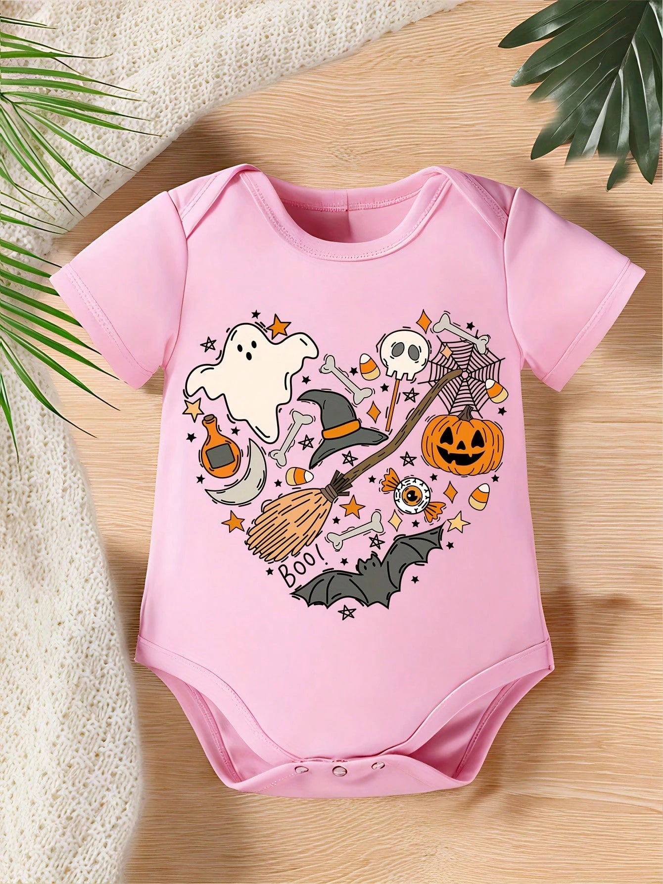 Adorable Cute Kids Baby Girls Halloween Ghost Witch Hat Broom Pumpkin Bat Skull Spider Web Moon Star Graphic Print Short Sleeve Crew Neck Bodysuit