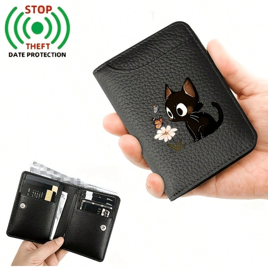 Adorable Kitten Floral Graphic Unisex Light Thin Card Bag With Two Fold Buckle Creditcardwallet Small Wallet PortableBankCardMother's Gift Lady's Gift