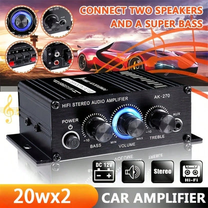 AK270 Car MP3 Mini 2-Channel Stereo 12V Amplifier Audio Amplifier Home Theater Audio System High Definition Audio Amplifier (Excluding Power Cord) Is Suitable For Car/Home Audio System.