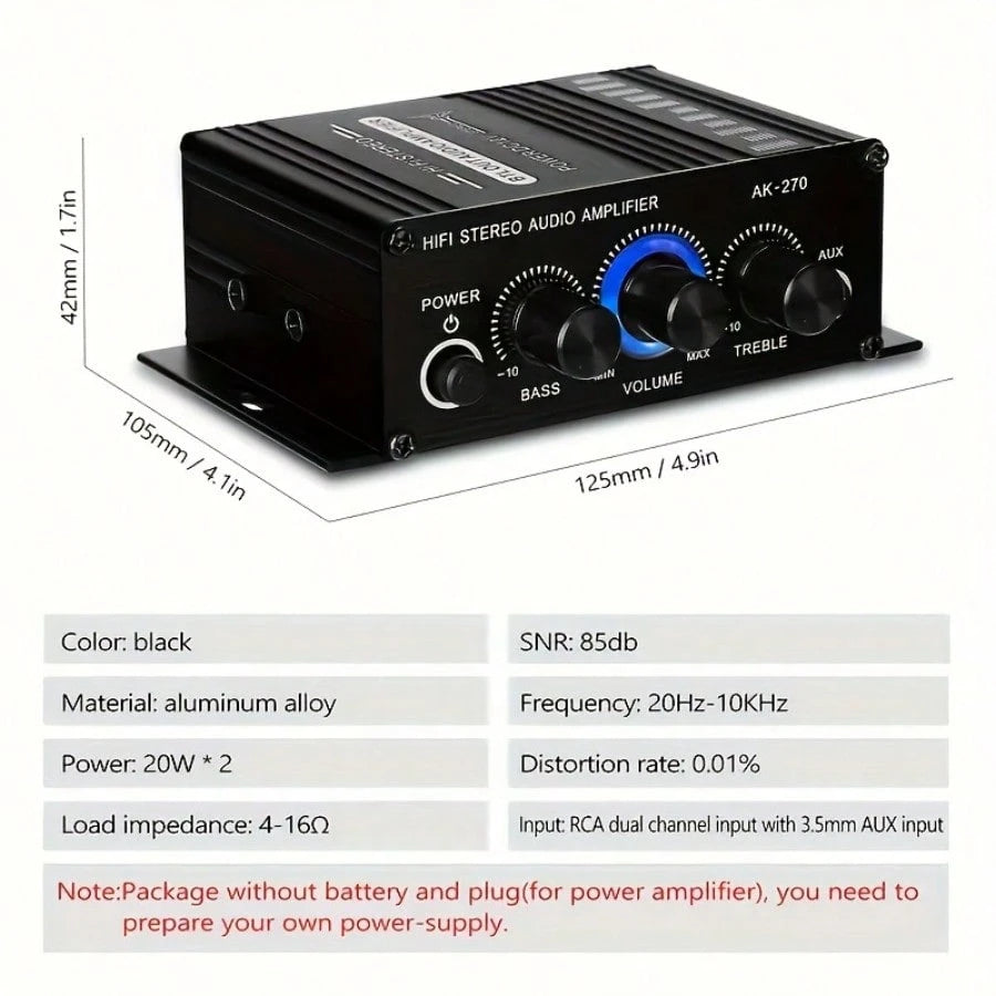AK270 Car MP3 Mini 2-Channel Stereo 12V Amplifier Audio Amplifier Home Theater Audio System High Definition Audio Amplifier (Excluding Power Cord) Is Suitable For Car/Home Audio System.