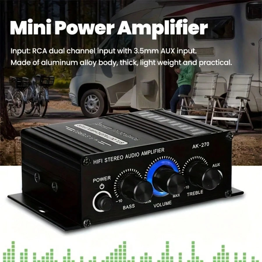 AK270 Car MP3 Mini 2-Channel Stereo 12V Amplifier Audio Amplifier Home Theater Audio System High Definition Audio Amplifier (Excluding Power Cord) Is Suitable For Car/Home Audio System.