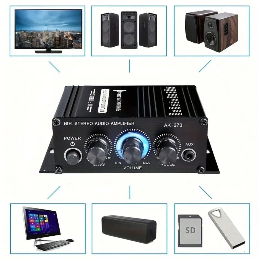 AK270 Car MP3 Mini 2-Channel Stereo 12V Amplifier Audio Amplifier Home Theater Audio System High Definition Audio Amplifier (Excluding Power Cord) Is Suitable For Car/Home Audio System.