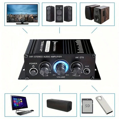 AK270 Car MP3 Mini 2-Channel Stereo 12V Amplifier Audio Amplifier Home Theater Audio System High Definition Audio Amplifier (Excluding Power Cord) Is Suitable For Car/Home Audio System.