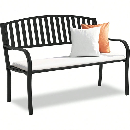 All Weather Outdoor Metal Garden Bench, Heavy Duty Wrought Iron Patio Loveseat Seating, Anti Rust Front Porch Park Backyard Lawn Utility Stool, Black