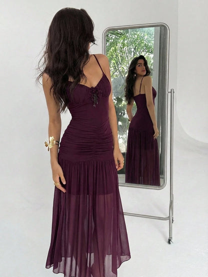 Aloruh Burgundy Spaghetti Strap Mesh Knit Maxi Dress,Summer Elegant Wedding Guest Dress For Women, Formal Date Night Party Graduation Dress