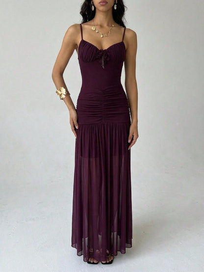 Aloruh Burgundy Spaghetti Strap Mesh Knit Maxi Dress,Summer Elegant Wedding Guest Dress For Women, Formal Date Night Party Graduation Dress