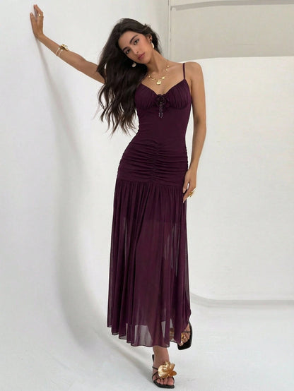 Aloruh Burgundy Spaghetti Strap Mesh Knit Maxi Dress,Summer Elegant Wedding Guest Dress For Women, Formal Date Night Party Graduation Dress