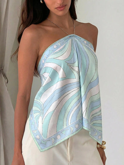 Aloruh Elegant Tropical Sexy Boho Blue And White Satin Print Halter Neck Beach Dinner Dinner Vacation Night Out Scarf Top, Summer For Women, Old Money
