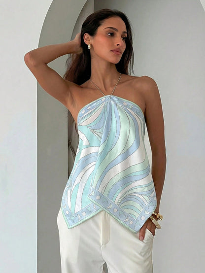 Aloruh Elegant Tropical Sexy Boho Blue And White Satin Print Halter Neck Beach Dinner Dinner Vacation Night Out Scarf Top, Summer For Women, Old Money
