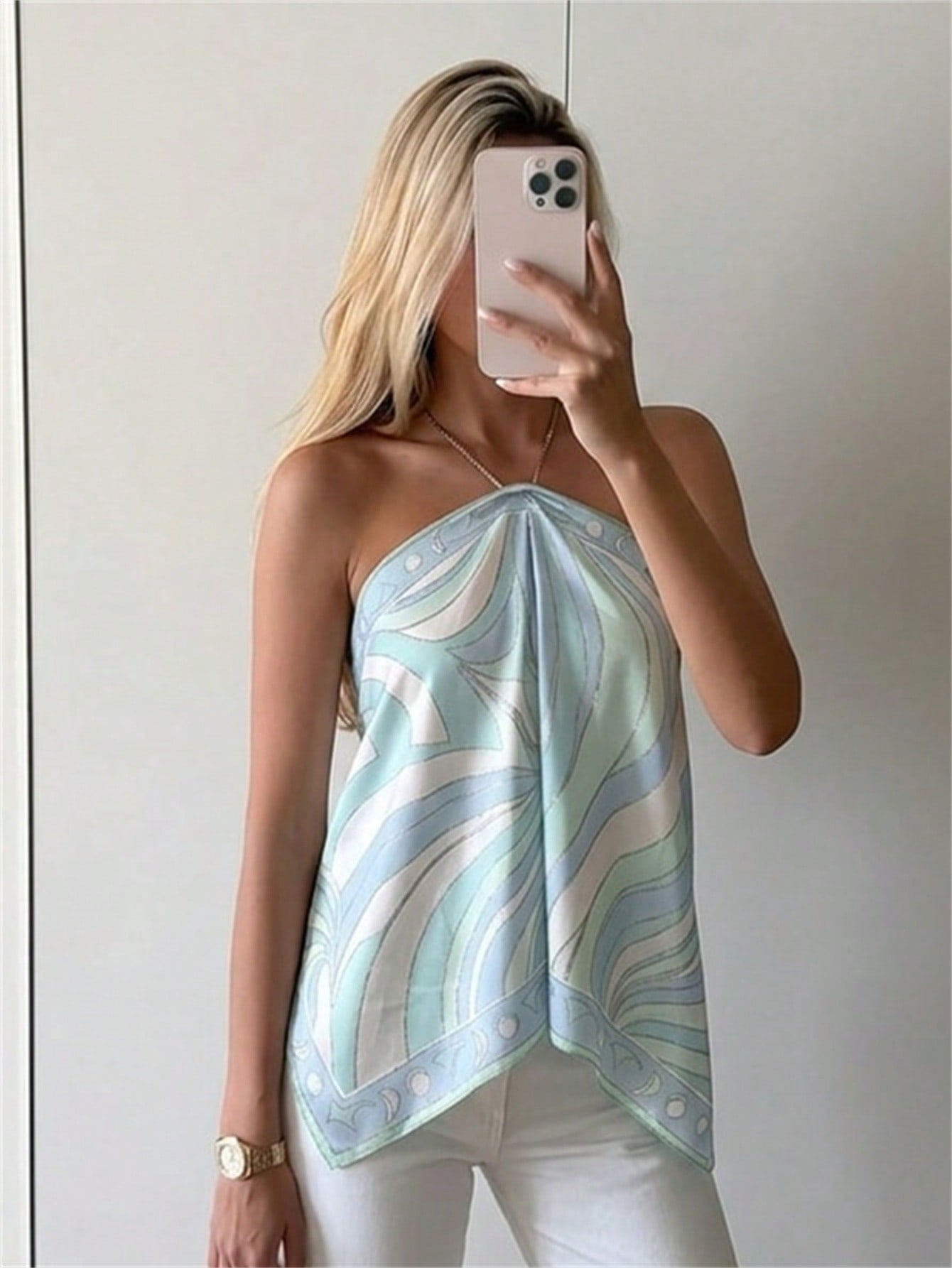 Aloruh Elegant Tropical Sexy Boho Blue And White Satin Print Halter Neck Beach Dinner Dinner Vacation Night Out Scarf Top, Summer For Women, Old Money