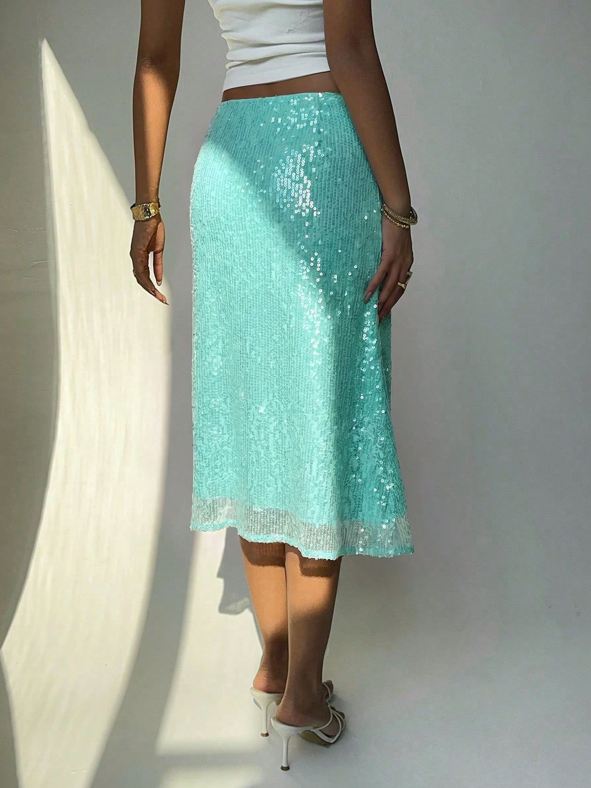 Aloruh Light Blue Beaded Asymmetric Hem Skirt, Vacation Fashion Romantic Disco Sexy Beach Bar Party Night Birthday Autumn Outfits Clothes Boho