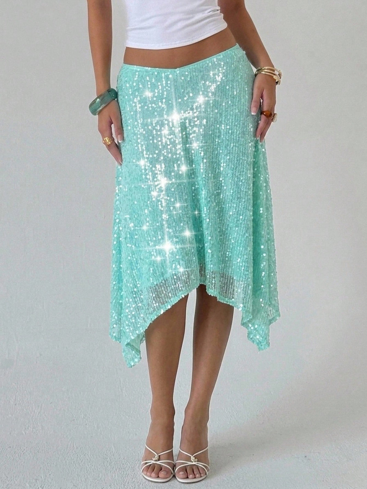 Aloruh Light Blue Beaded Asymmetric Hem Skirt, Vacation Fashion Romantic Disco Sexy Beach Bar Party Night Birthday Autumn Outfits Clothes Boho
