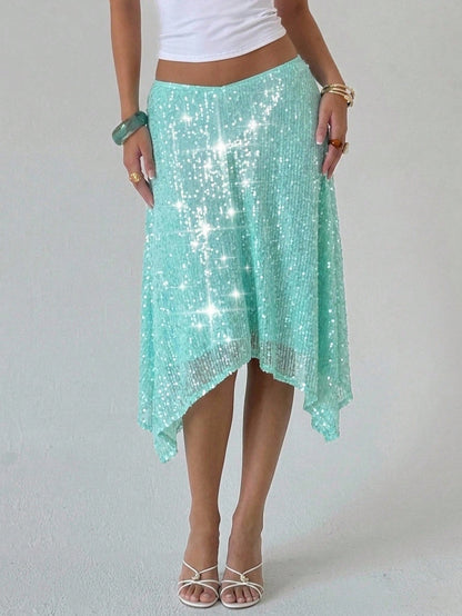 Aloruh Light Blue Beaded Asymmetric Hem Skirt, Vacation Fashion Romantic Disco Sexy Beach Bar Party Night Birthday Autumn Outfits Clothes Boho