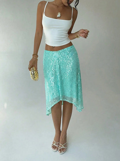 Aloruh Light Blue Beaded Asymmetric Hem Skirt, Vacation Fashion Romantic Disco Sexy Beach Bar Party Night Birthday Autumn Outfits Clothes Boho