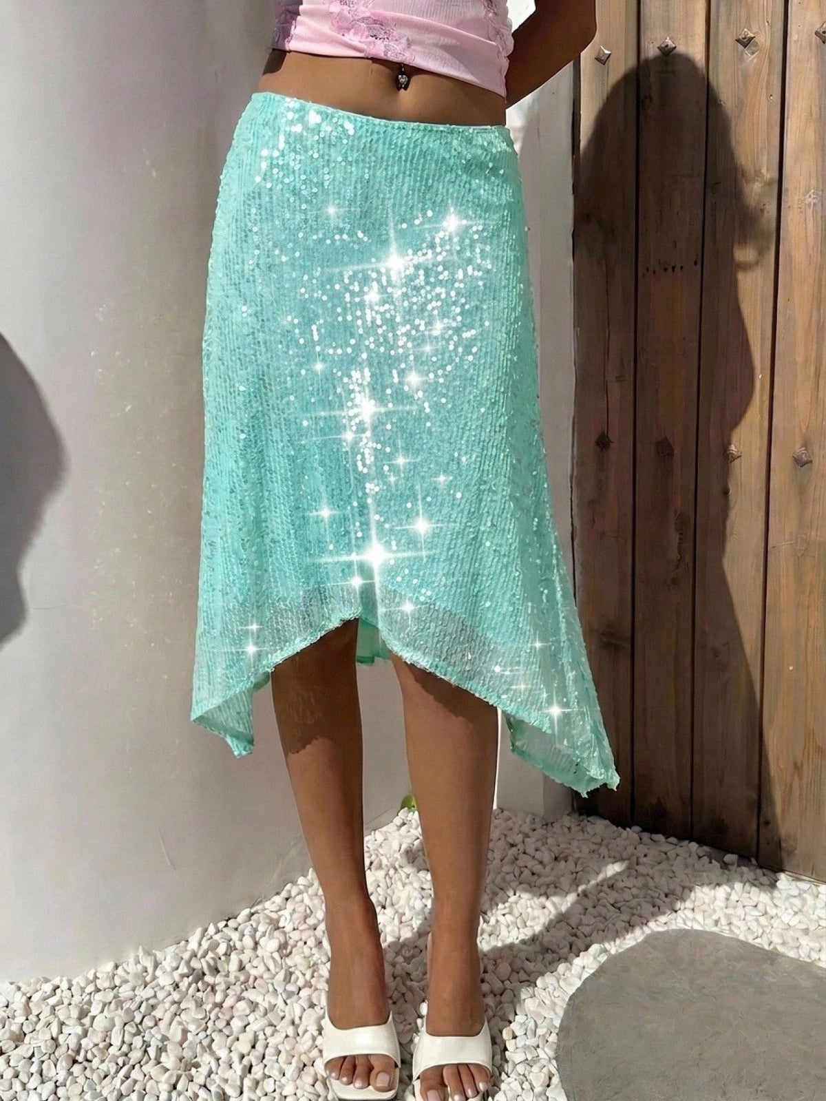 Aloruh Light Blue Beaded Asymmetric Hem Skirt, Vacation Fashion Romantic Disco Sexy Beach Bar Party Night Birthday Autumn Outfits Clothes Boho