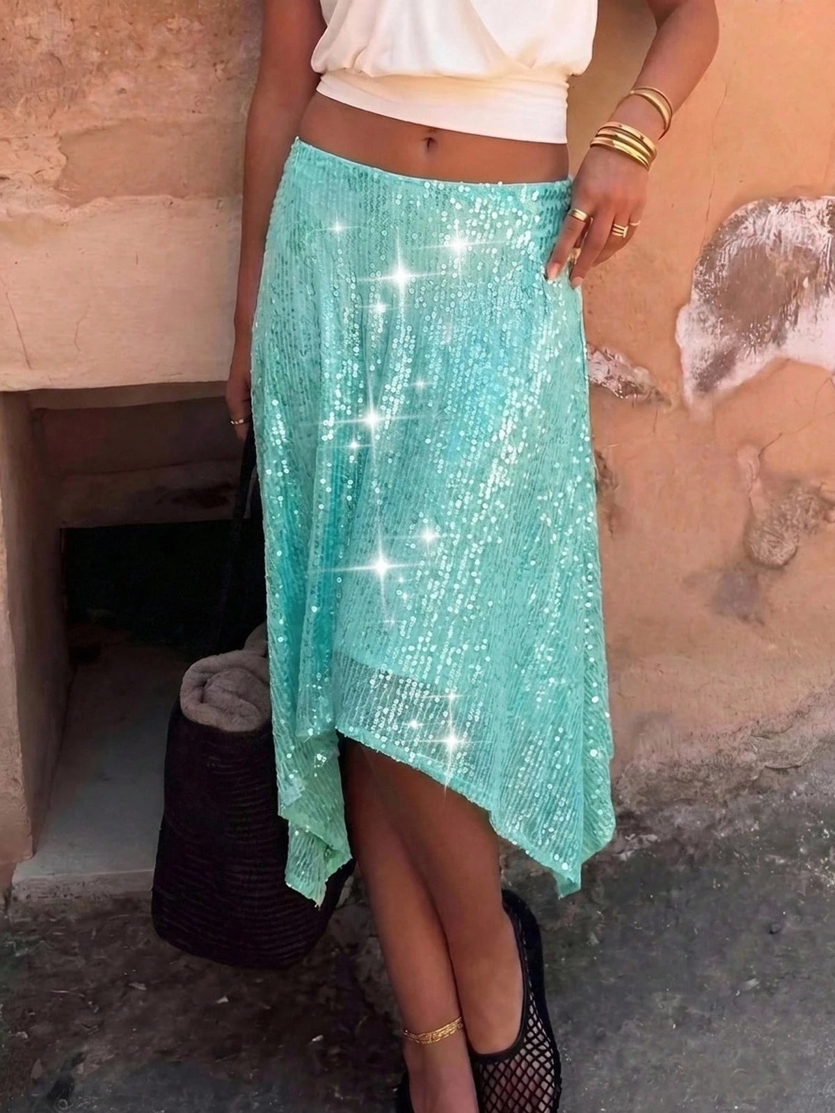 Aloruh Light Blue Beaded Asymmetric Hem Skirt, Vacation Fashion Romantic Disco Sexy Beach Bar Party Night Birthday Autumn Outfits Clothes Boho