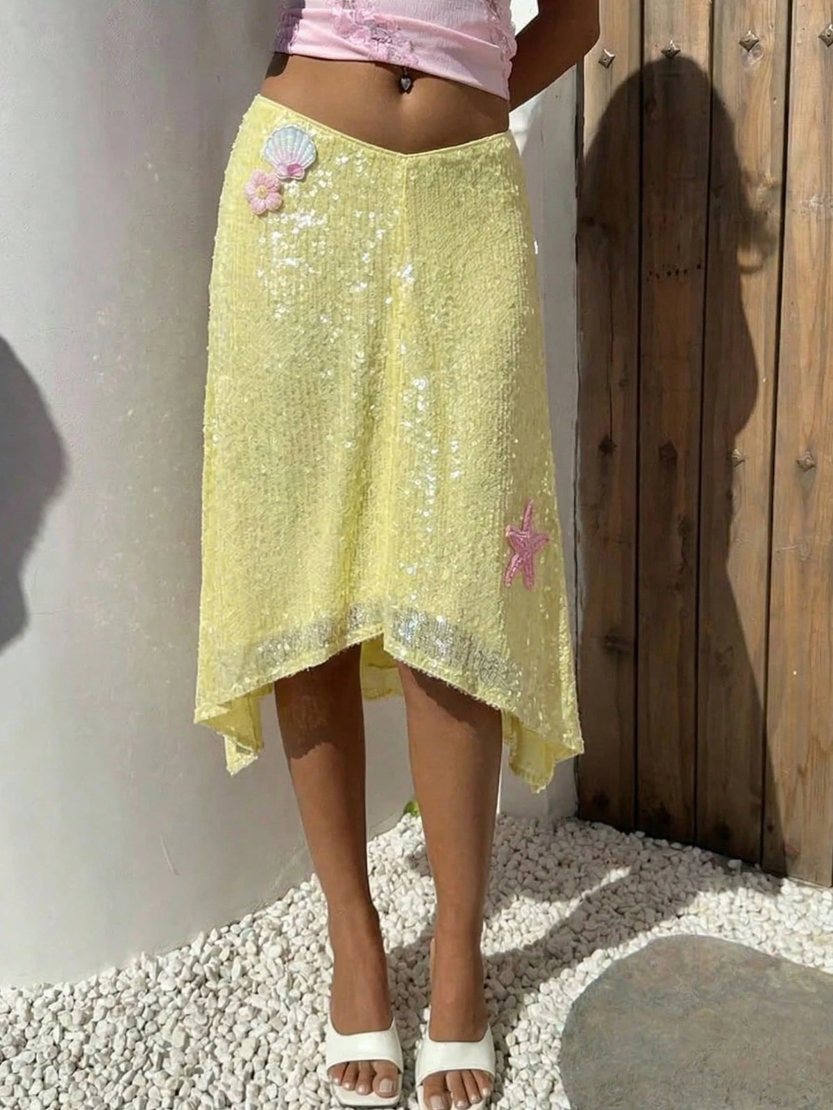 Aloruh Light Blue Beaded Asymmetric Hem Skirt, Vacation Fashion Romantic Disco Sexy Beach Bar Party Night Birthday Autumn Outfits Clothes Boho