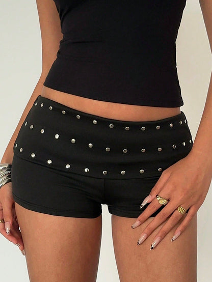 Aloruh Women's Black Elegant Sexy Y2K Revealing Waistband Low Waist Super Shorts, Suitable For Spring/Summer Rhinestone Shorts Low Waist Shorts