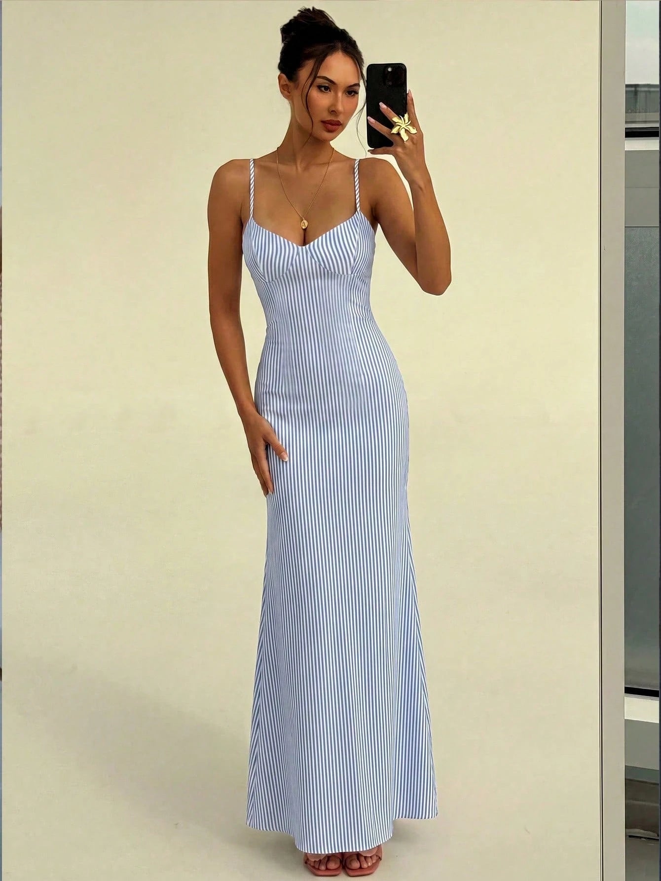 Aloruh Women's Blue-White Striped Vintage Tie-Strap Spaghetti Bodycon Sundress, Elegant Summer Beach/Resort