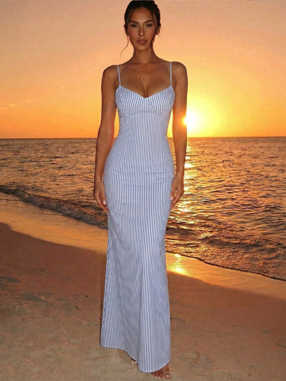 Aloruh Women's Blue-White Striped Vintage Tie-Strap Spaghetti Bodycon Sundress, Elegant Summer Beach/Resort