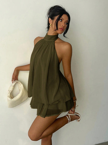 Aloruh Women's Elegant Light Yellow Halter Tie Mini Dress