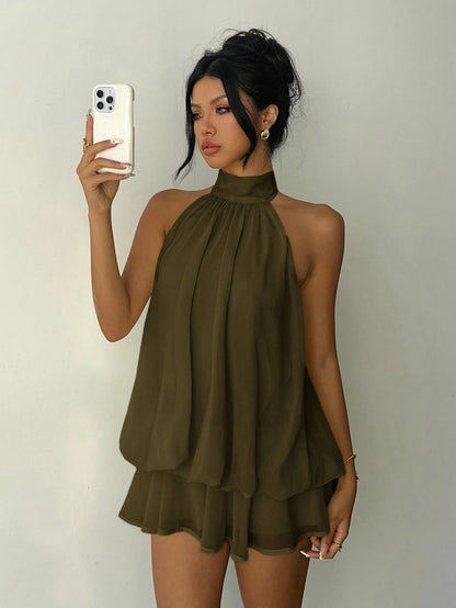 Aloruh Women's Elegant Light Yellow Halter Tie Mini Dress