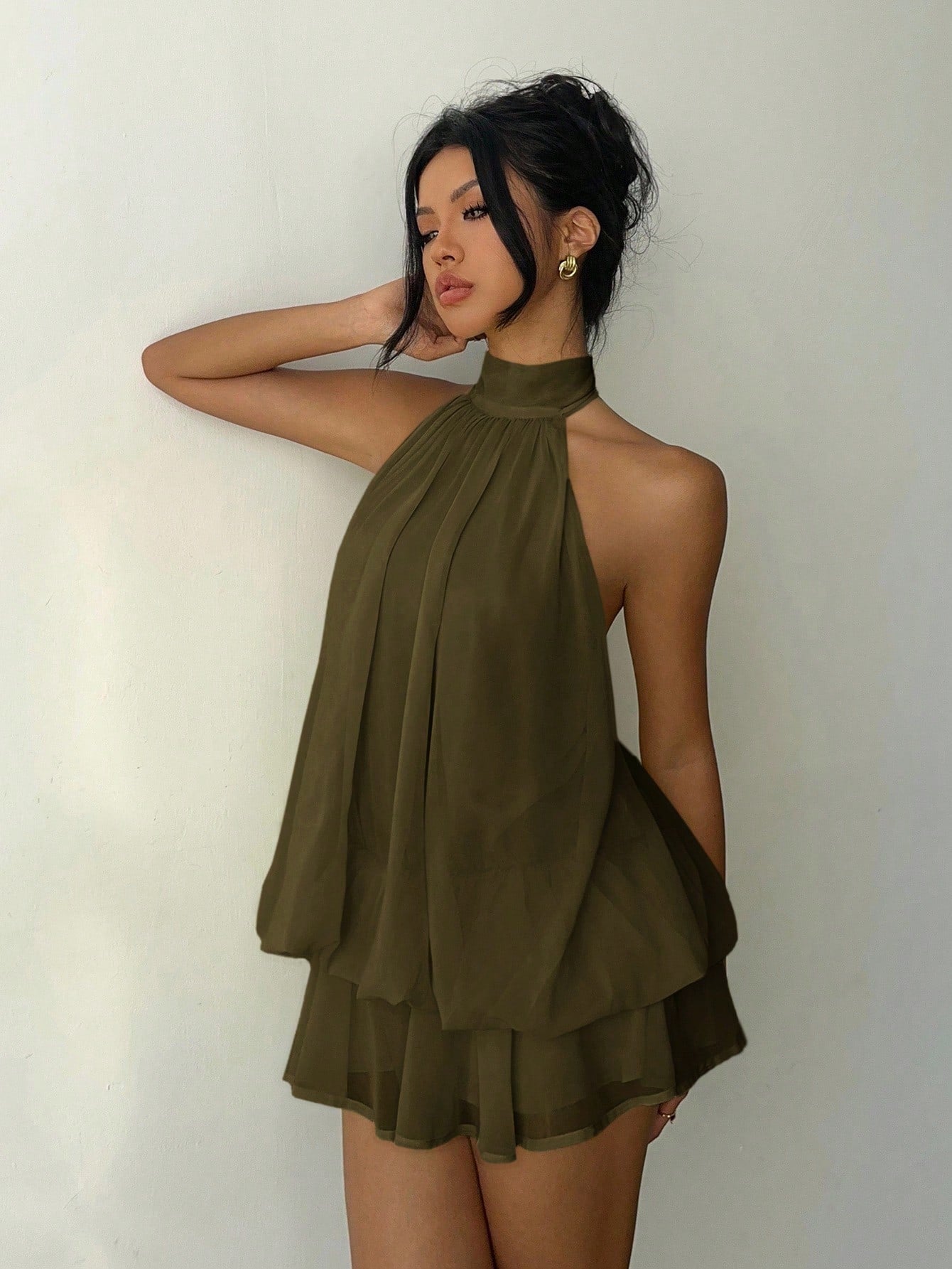 Aloruh Women's Elegant Light Yellow Halter Tie Mini Dress