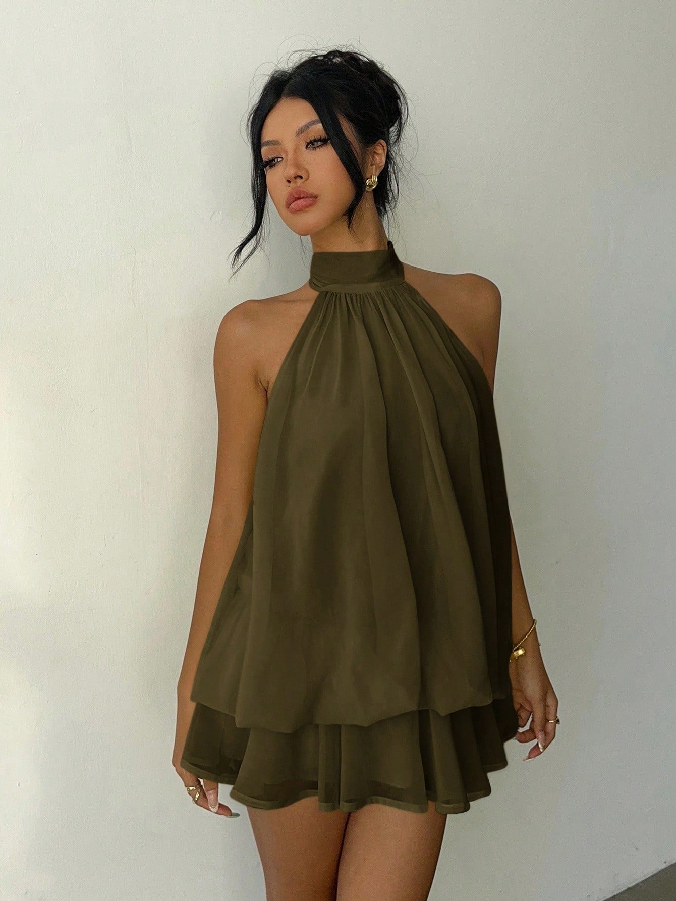 Aloruh Women's Elegant Light Yellow Halter Tie Mini Dress