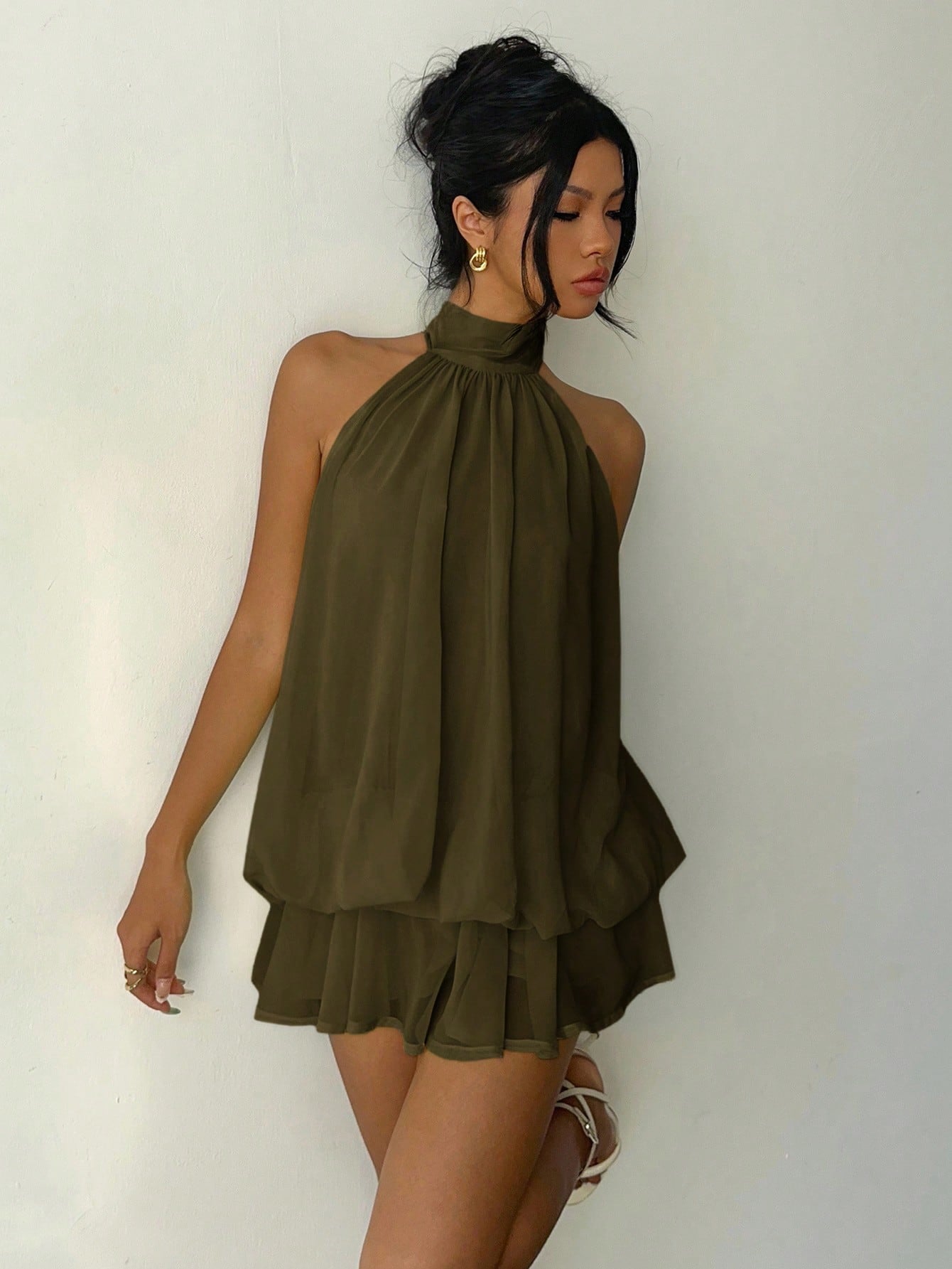 Aloruh Women's Elegant Light Yellow Halter Tie Mini Dress
