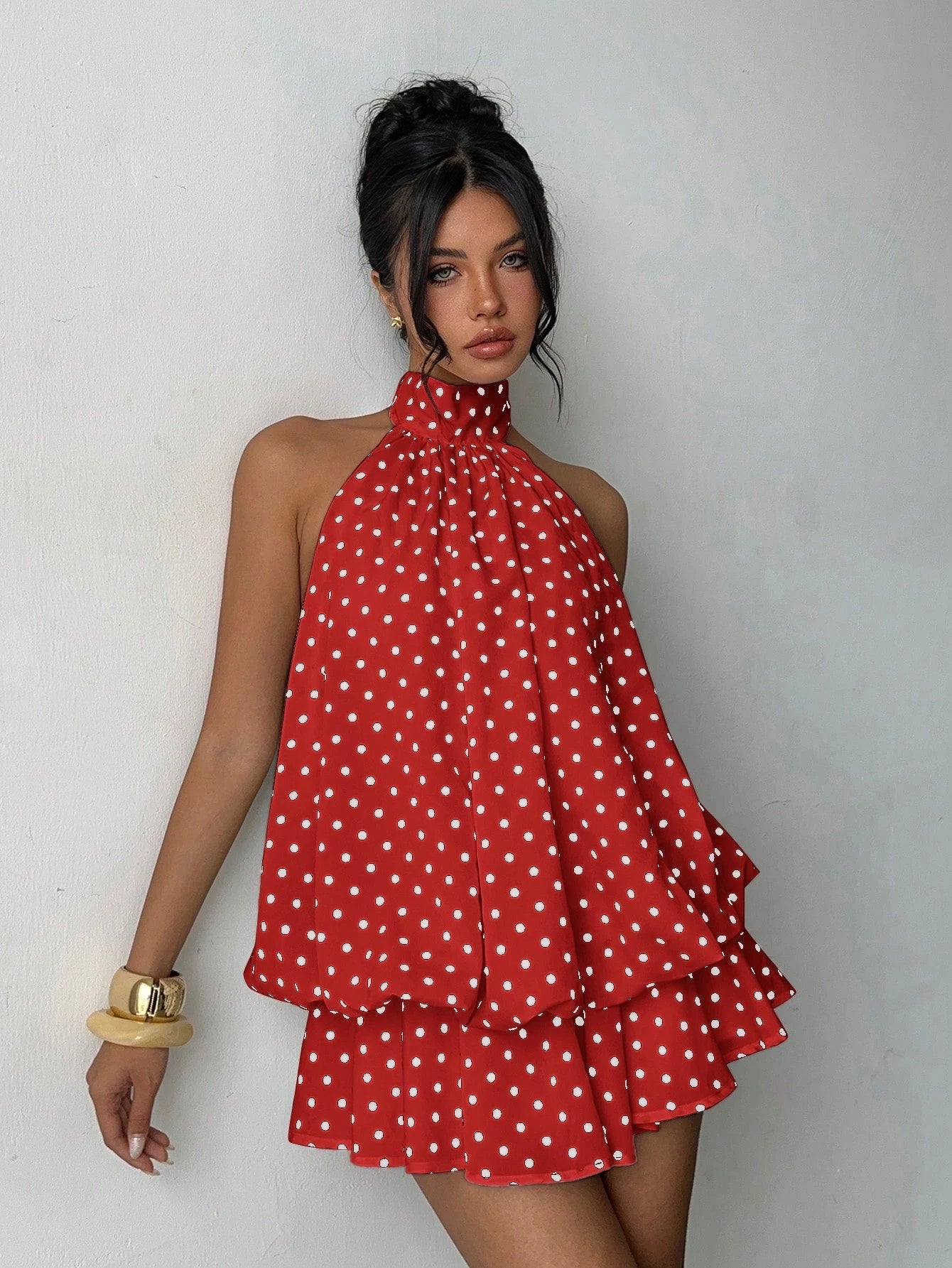 Aloruh Women's Elegant Polka Dot Print Halter Backless Mini Dress
