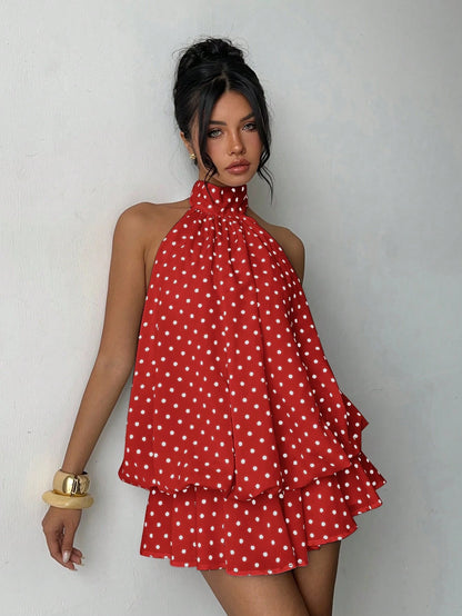Aloruh Women's Elegant Polka Dot Print Halter Backless Mini Dress