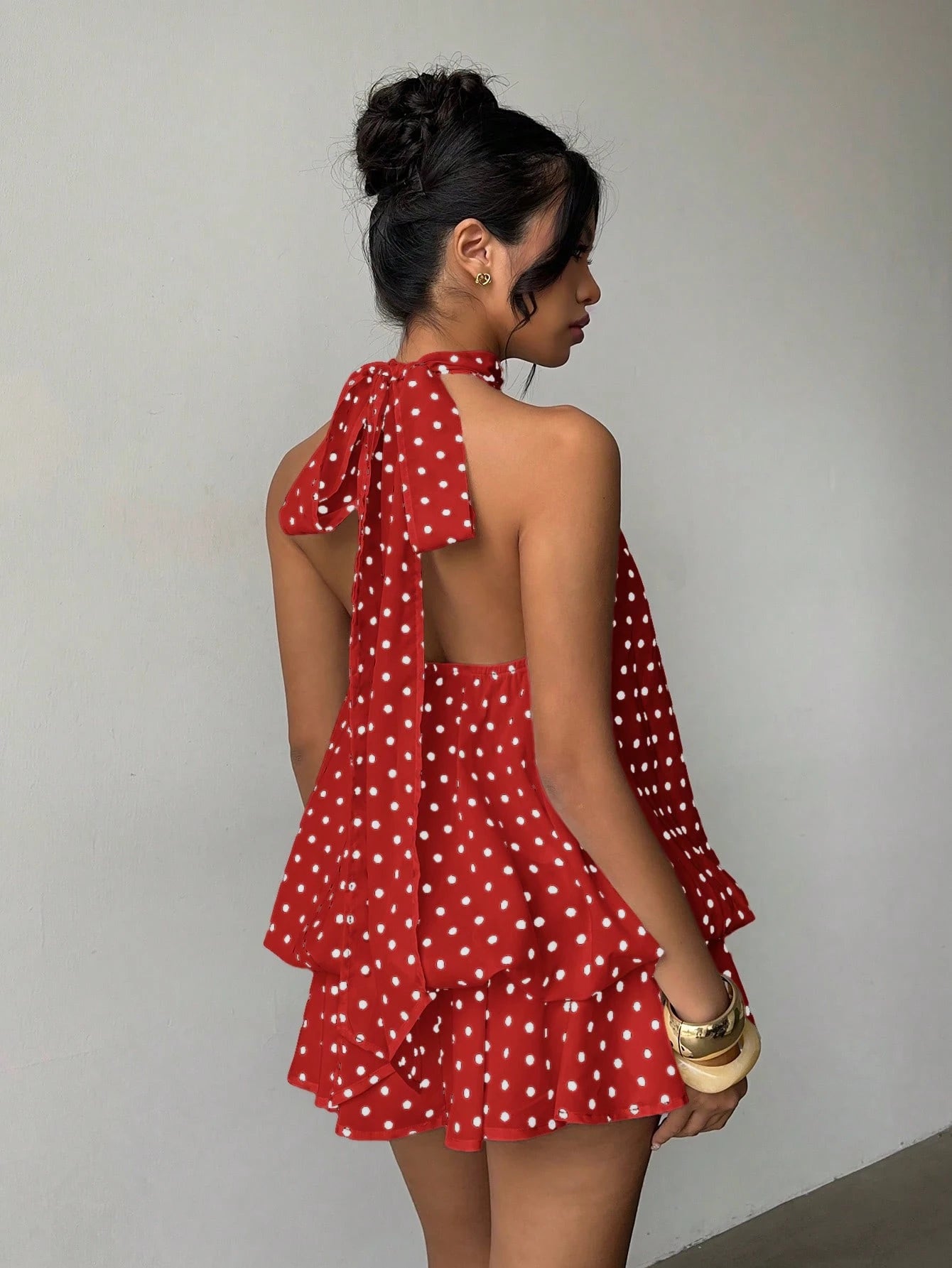 Aloruh Women's Elegant Polka Dot Print Halter Backless Mini Dress