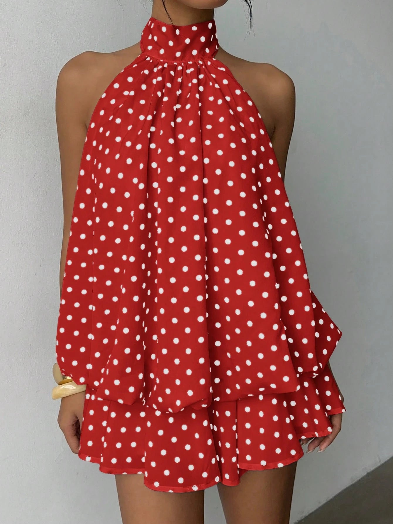 Aloruh Women's Elegant Polka Dot Print Halter Backless Mini Dress