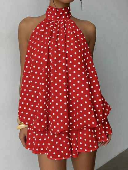 Aloruh Women's Elegant Polka Dot Print Halter Backless Mini Dress