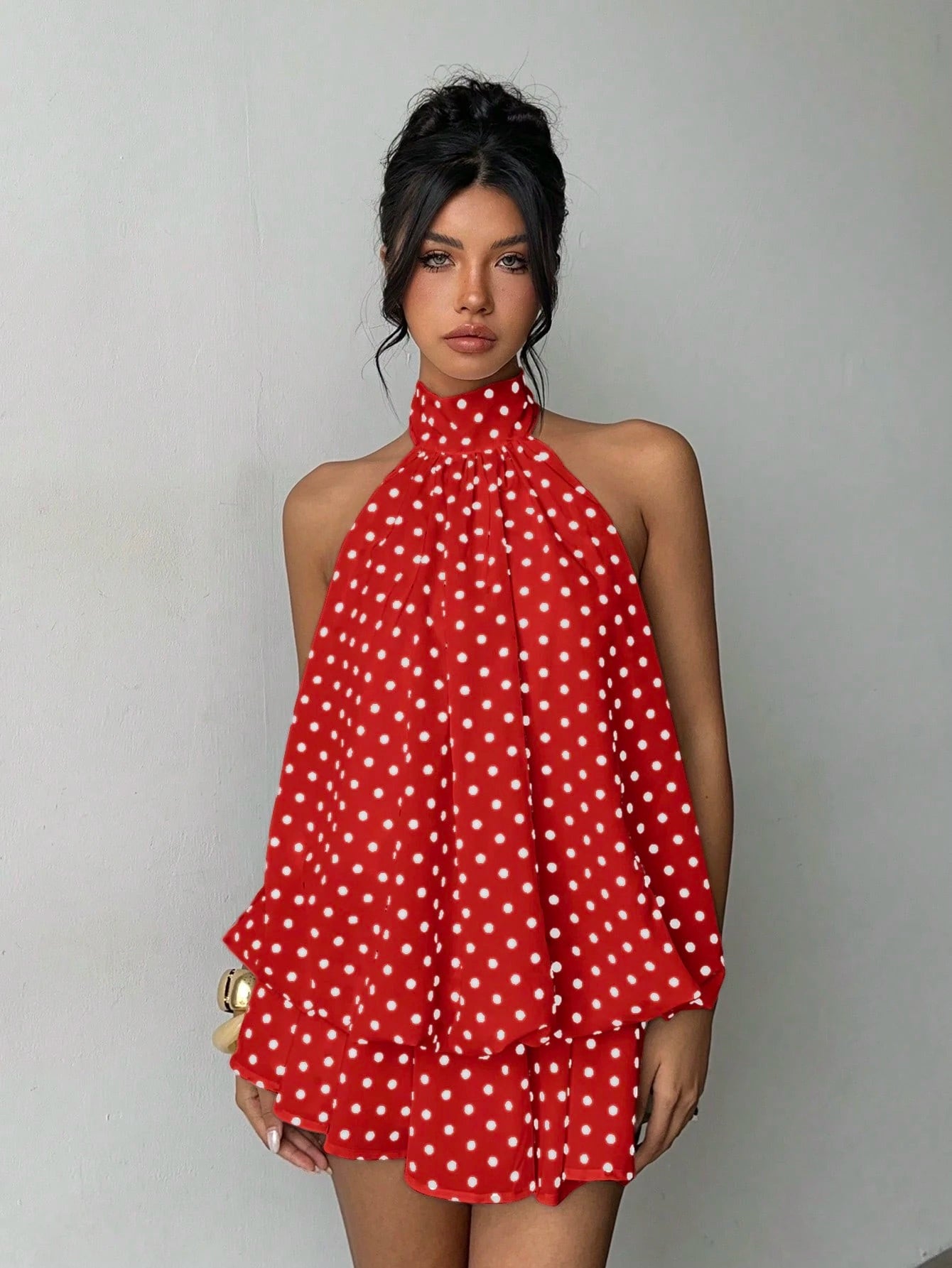 Aloruh Women's Elegant Polka Dot Print Halter Backless Mini Dress