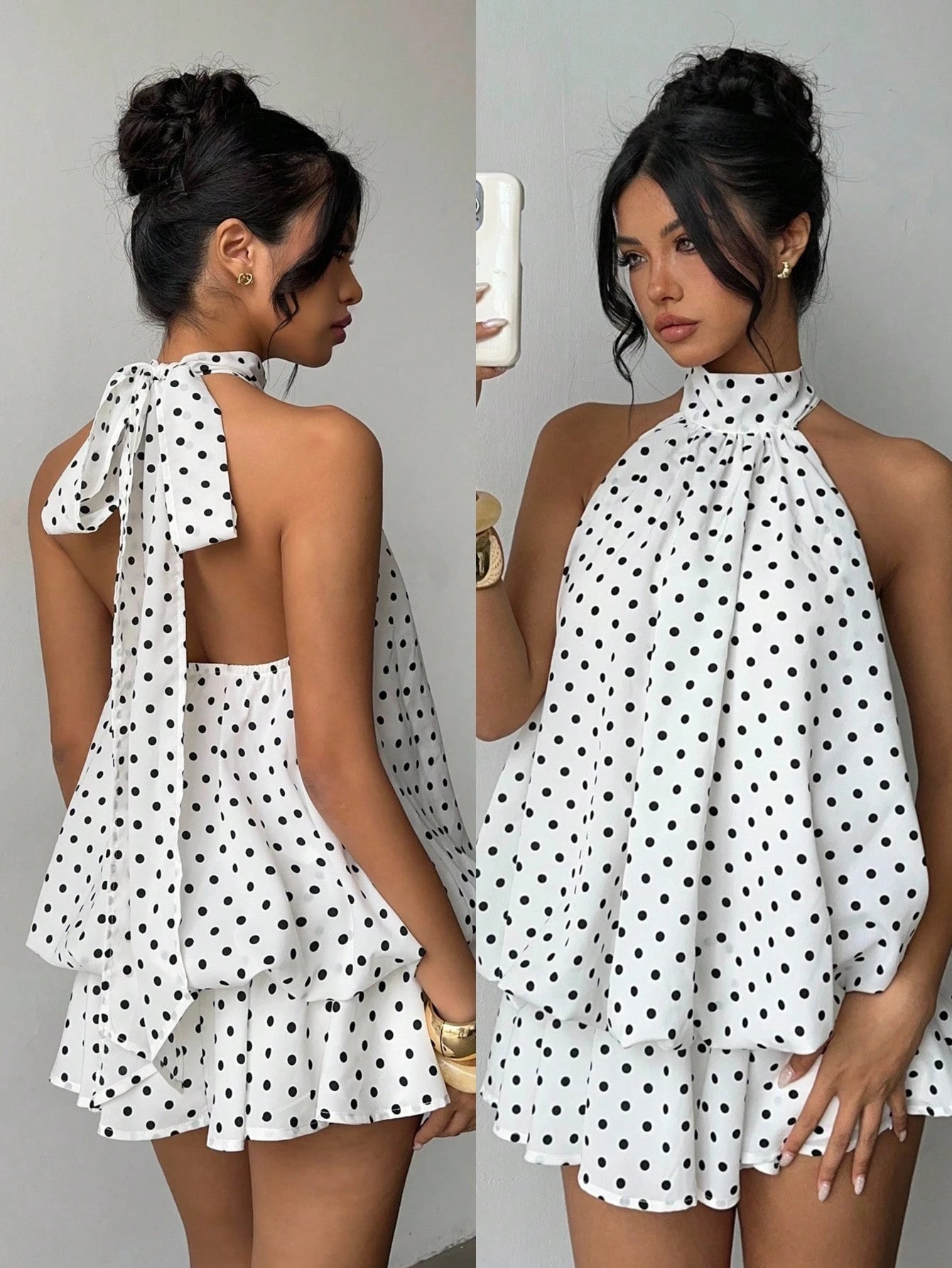Aloruh Women's Elegant Polka Dot Print Halter Backless Mini Dress