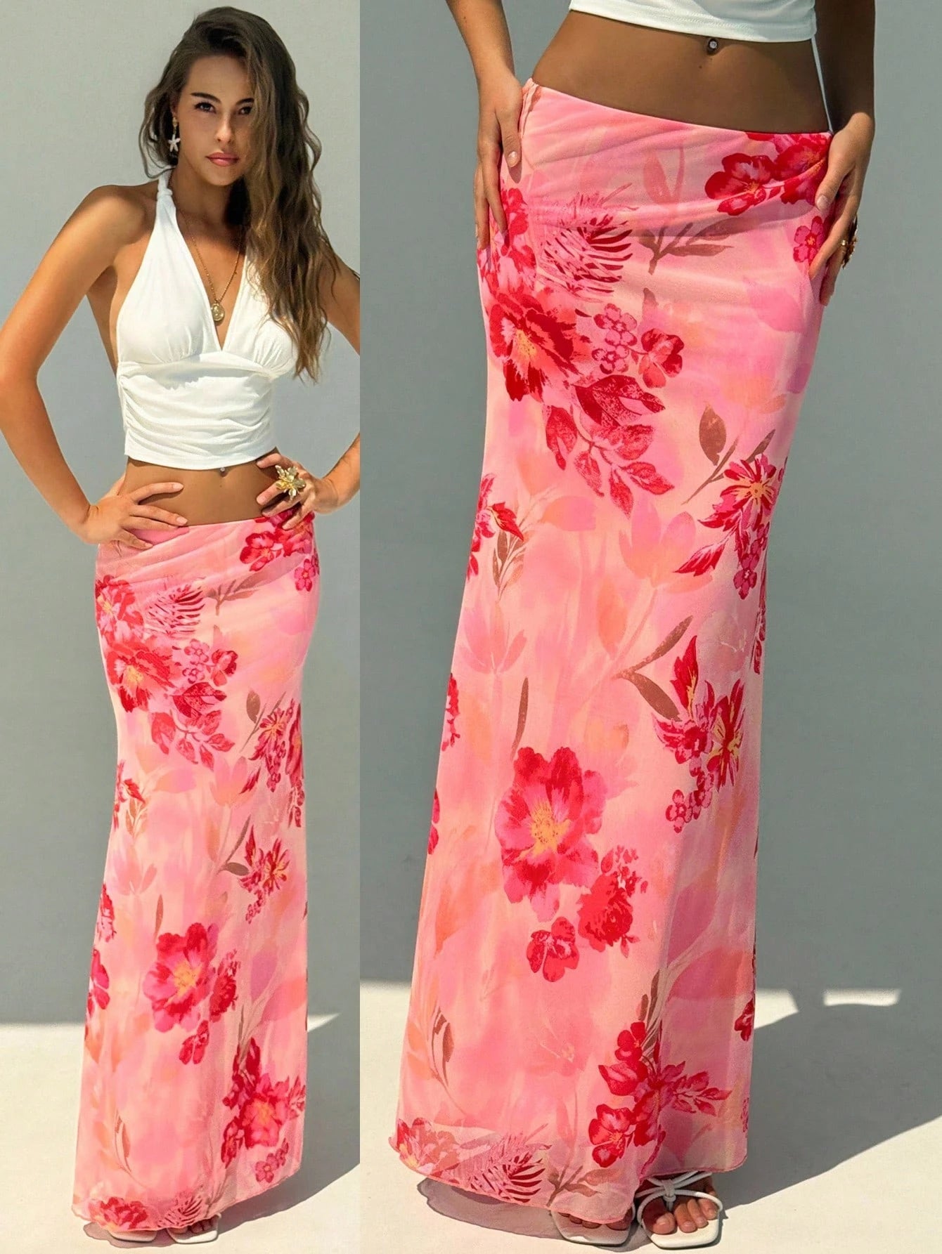 Aloruh Women's Elegant Sexy Floral Print Low Waist Skirt, Summer Clothing, Beachwear, Vacation Wear, Bohemian Tropical Pattern Pink Floral, Casual, Party