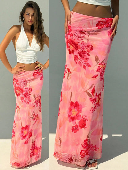 Aloruh Women's Elegant Sexy Floral Print Low Waist Skirt, Summer Clothing, Beachwear, Vacation Wear, Bohemian Tropical Pattern Pink Floral, Casual, Party