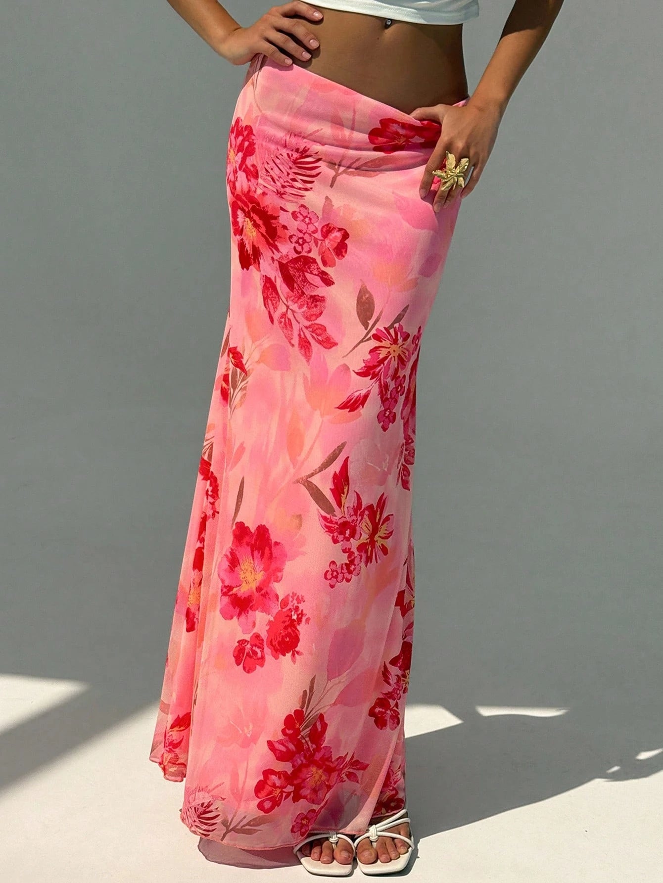 Aloruh Women's Elegant Sexy Floral Print Low Waist Skirt, Summer Clothing, Beachwear, Vacation Wear, Bohemian Tropical Pattern Pink Floral, Casual, Party