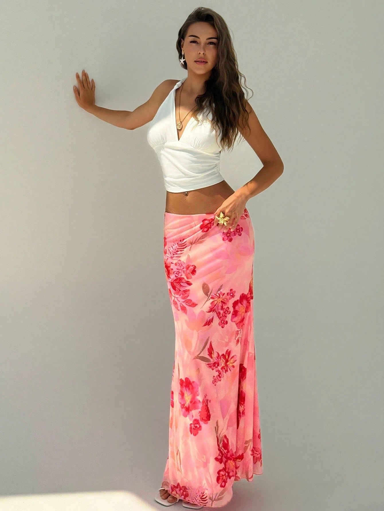 Aloruh Women's Elegant Sexy Floral Print Low Waist Skirt, Summer Clothing, Beachwear, Vacation Wear, Bohemian Tropical Pattern Pink Floral, Casual, Party